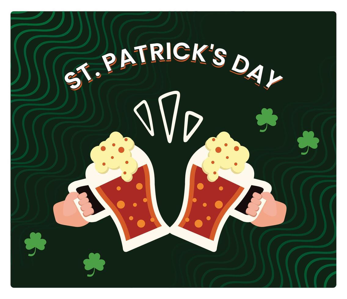 Beer glasses clink in celebration of St. Patrick's Day. Patrick with shamrocks. vector