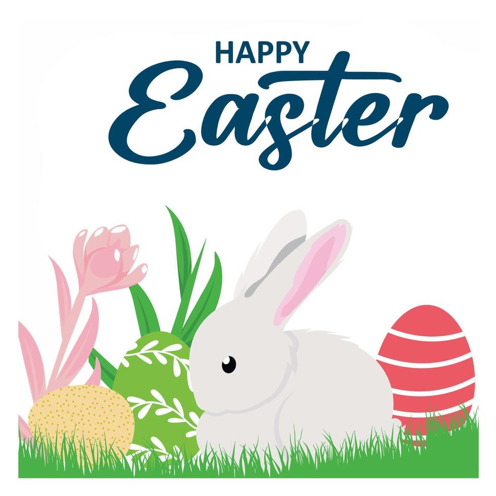Happy Easter greeting card with bunny, eggs, and spring in pastel colors. vector