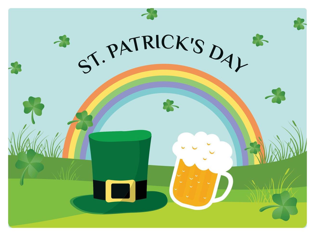 St. Patrick's Day Celebration Patrick with Shamrock, Rainbow, and Beer. vector