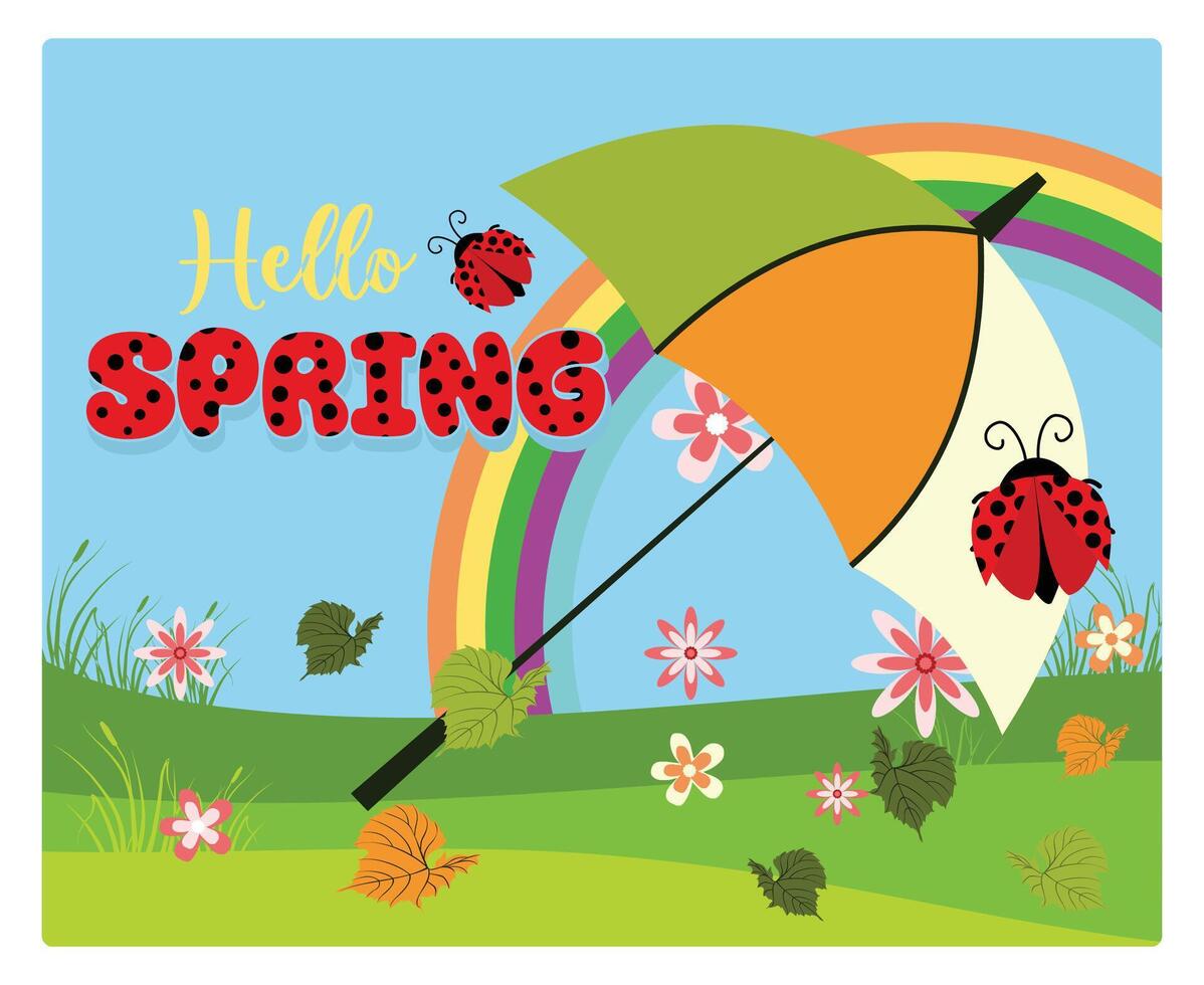 Cheerful spring with umbrellas, flowers, ladybugs, bees and butterflies. vector