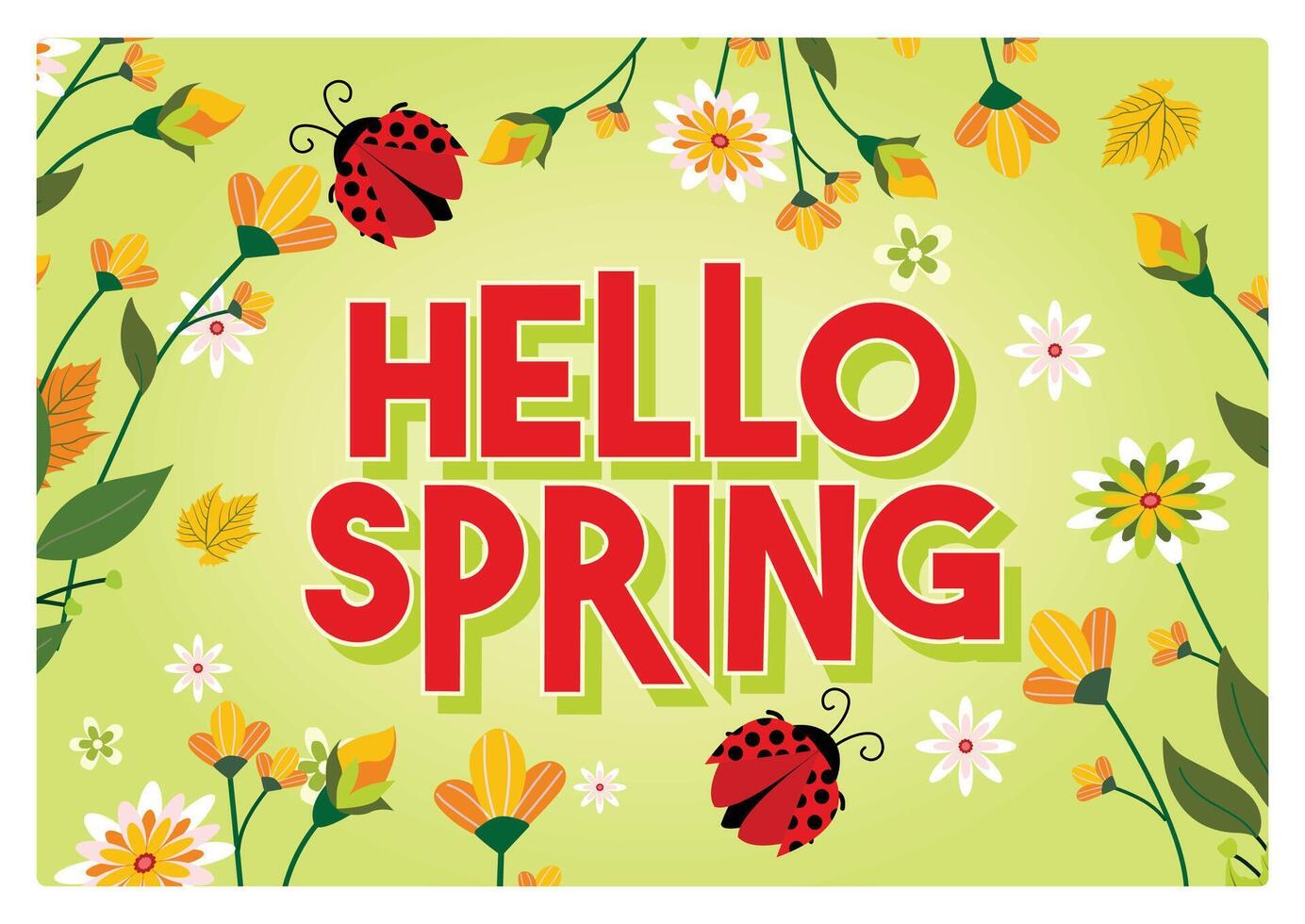 Bright spring greeting card with flowers and ladybugs. vector