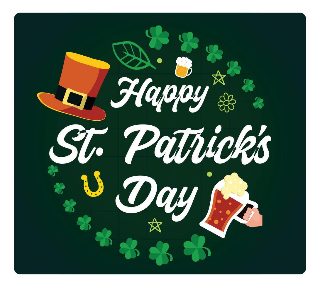 St. Patrick's Day greeting card Patrick with shamrocks, hats, and beer. vector