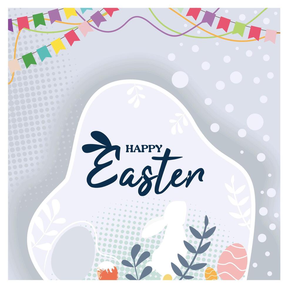 Happy Easter greeting card design with bunnies, Easter eggs, and festive decorations. vector