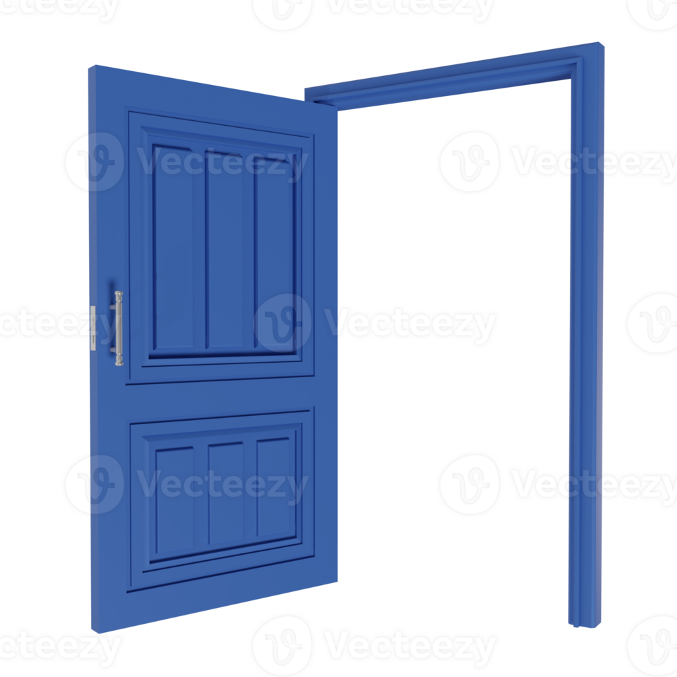 3d render of open blue door. mockup template concept png