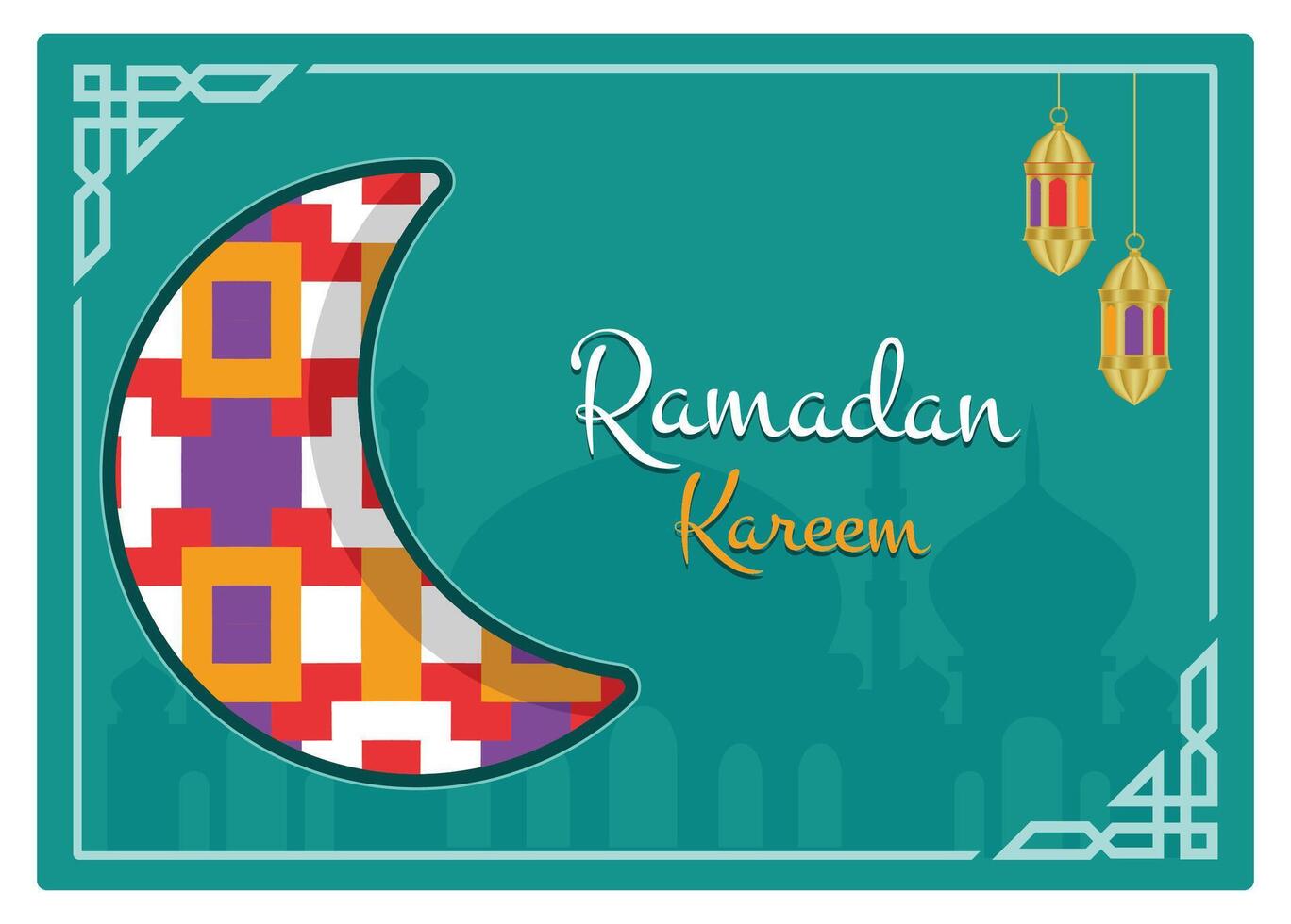 Ramadan Kareem greeting card with a crescent moon, mosque silhouette, and lantern decoration. vector