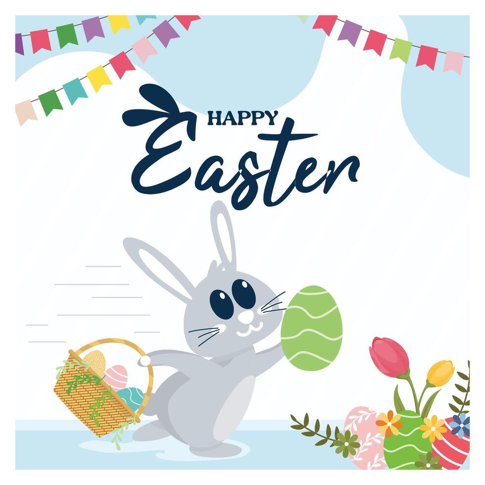 Fun Easter egg hunt with bunnies holding eggs and baskets. vector