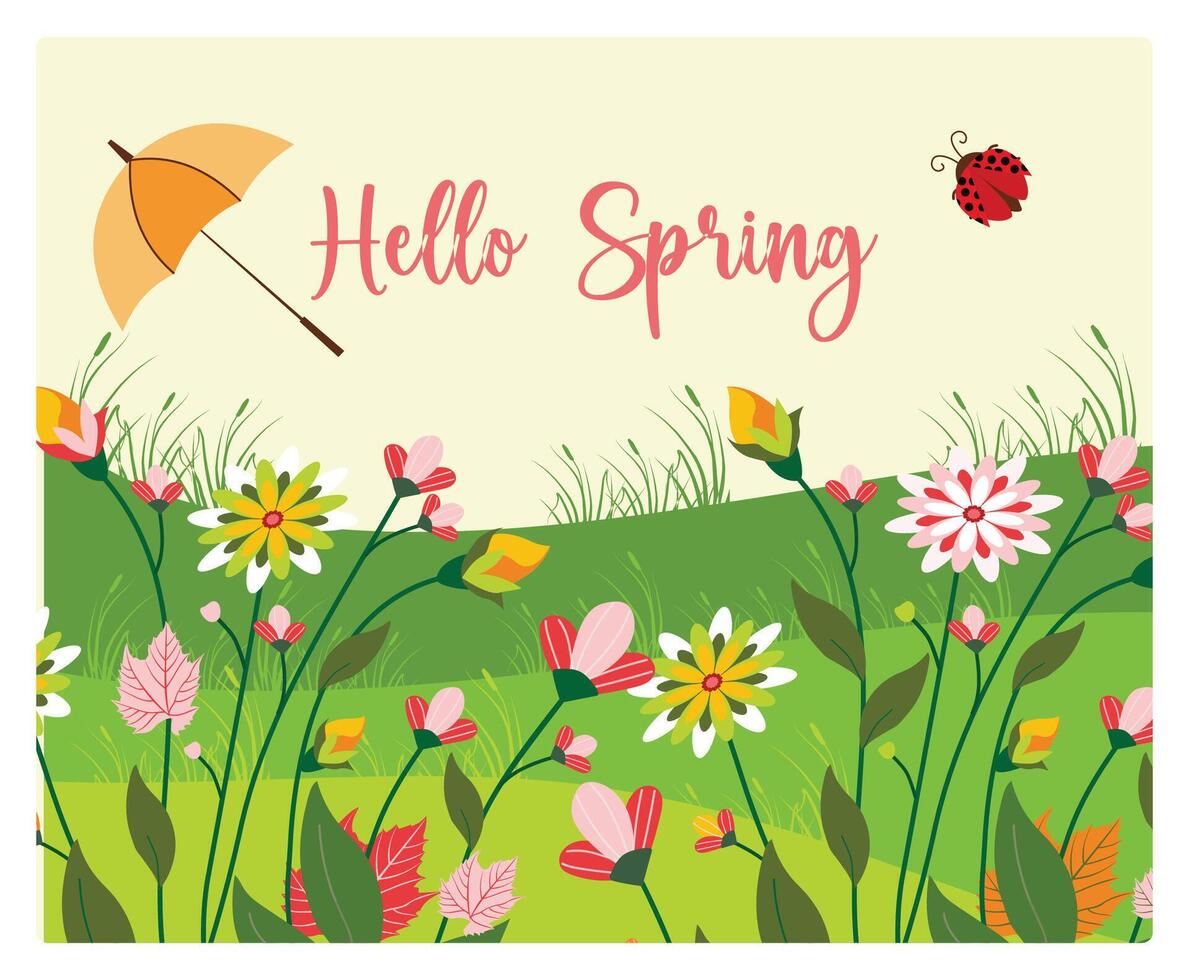 Hello spring with flowers, green hills, and ladybugs. vector