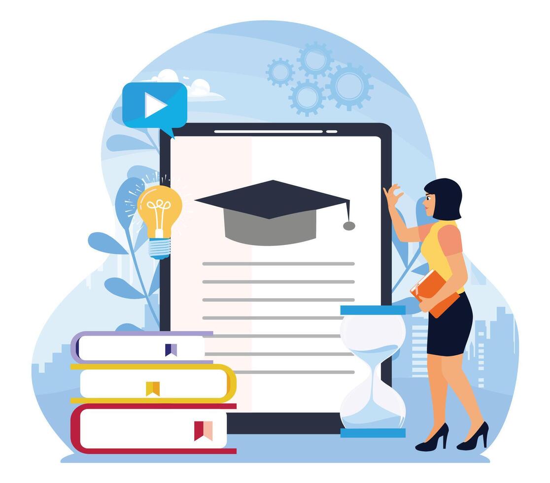The concept of online learning with books and digital tools. vector