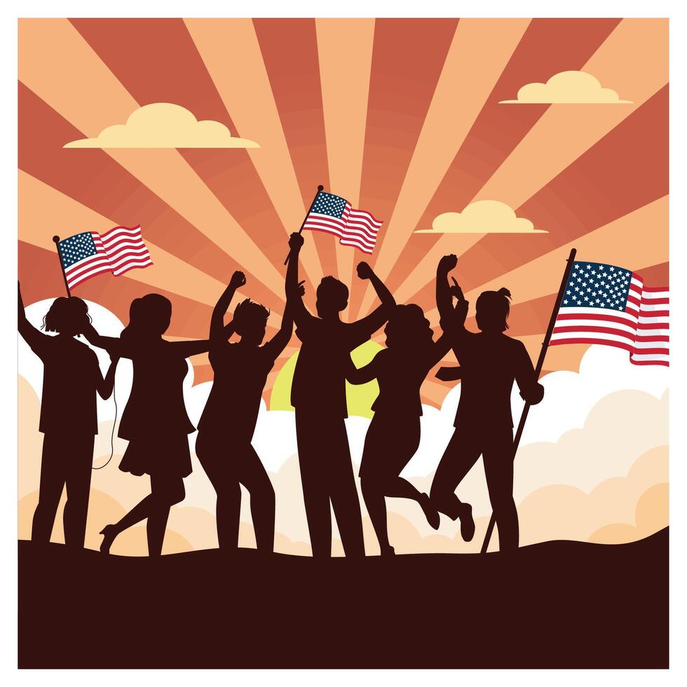 Silhouettes of people celebrating American Independence Day with American flags. vector