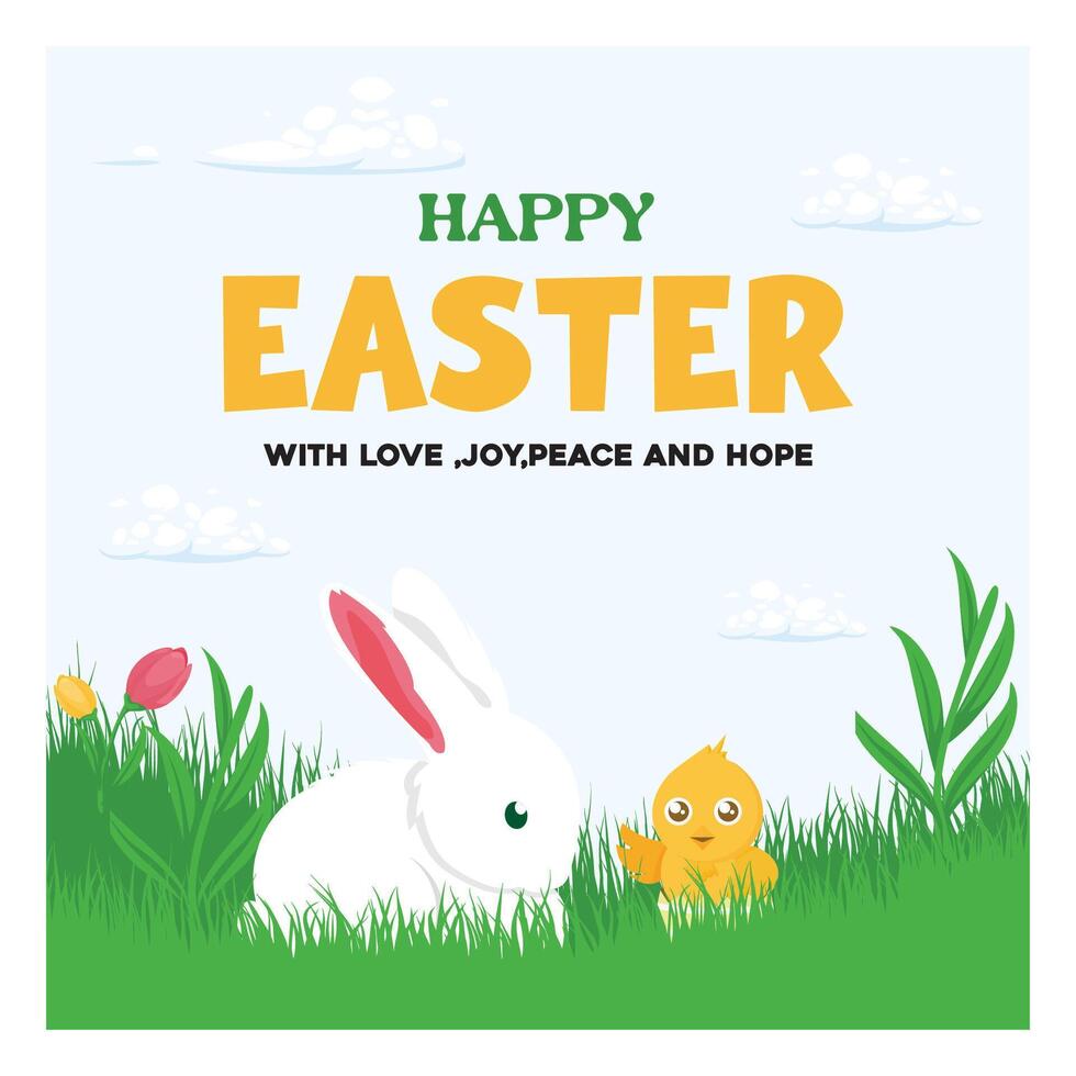 Happy Easter greeting card with Easter bunny, chicks, flowers and grass. vector