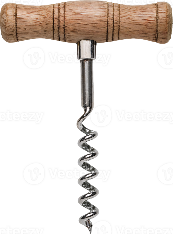wooden handle corkscrew with stainless steel spiral on isolated background for wine opening and kitchen tools png