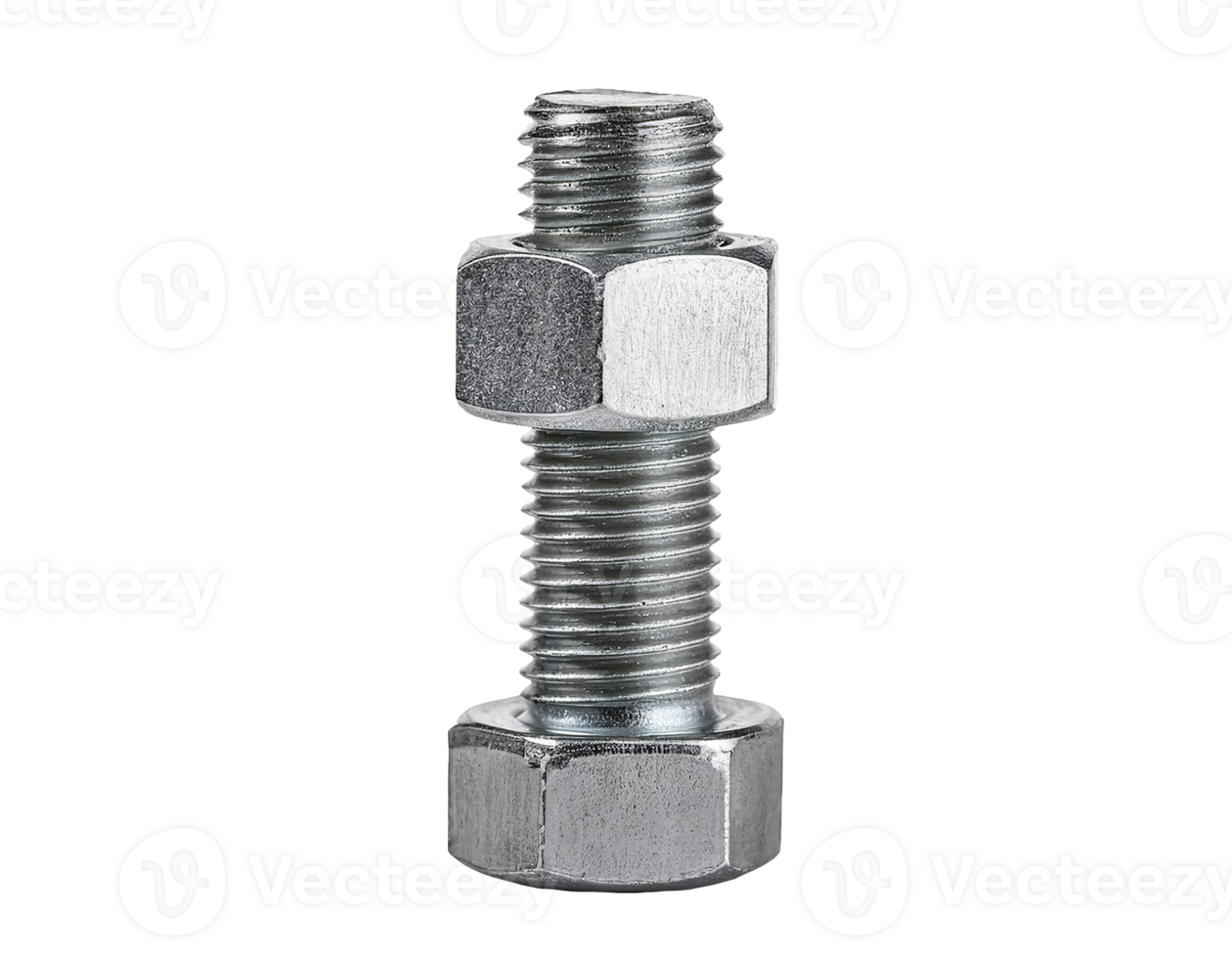 close-up of a shiny metal bolt with threaded nut secured in place on isolated background png