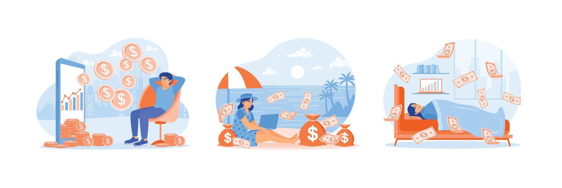 Freelancers work from anywhere and make money online. vector