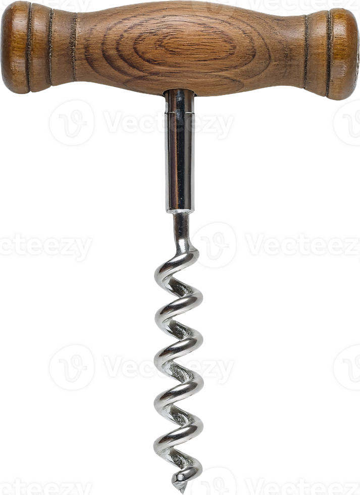traditional wooden handle corkscrew with spiral metal design on isolated background for wine bottle opening png