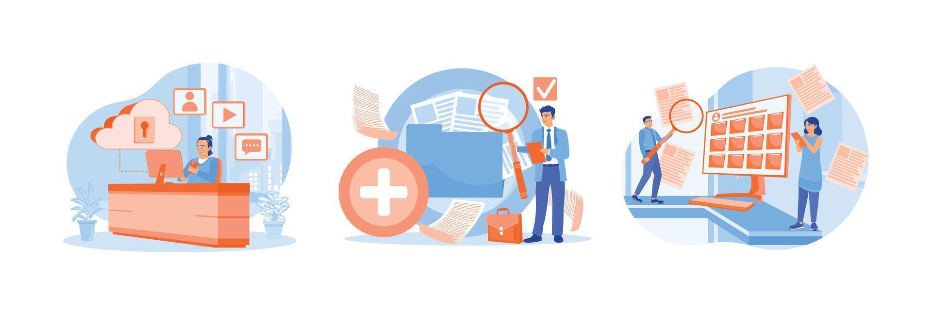 Man works using a computer, saving, searching and indexing files on the computer. vector