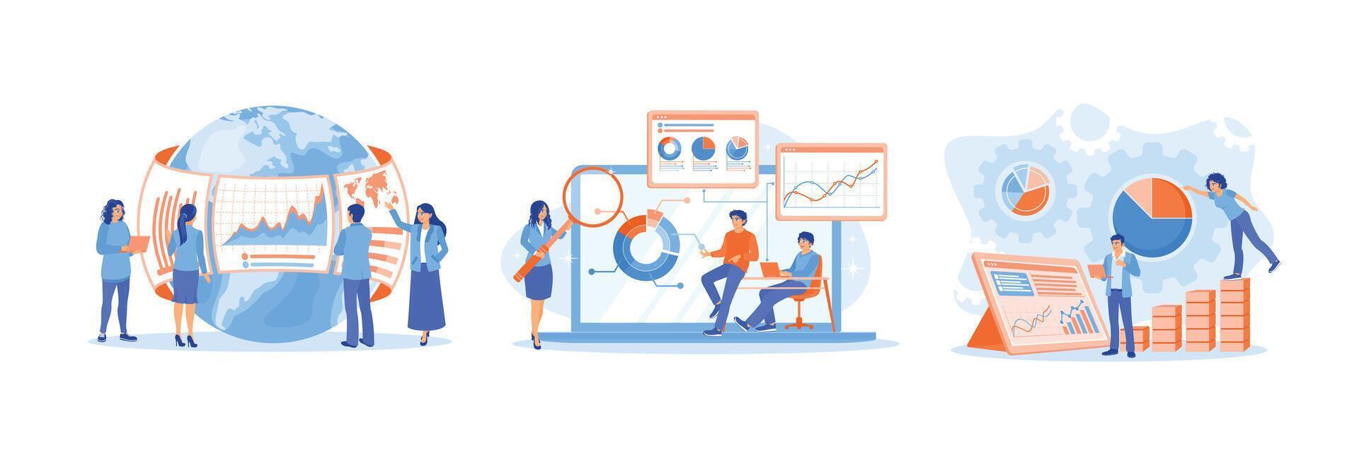 Managers and finance teams analyze data and create sales and operational management reports. vector