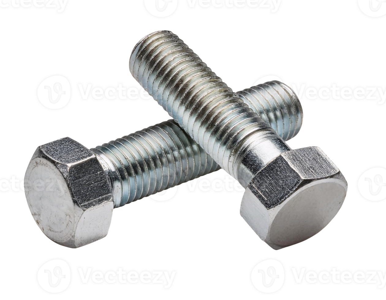 two metallic bolts with hexagonal heads crossed together on isolated background png