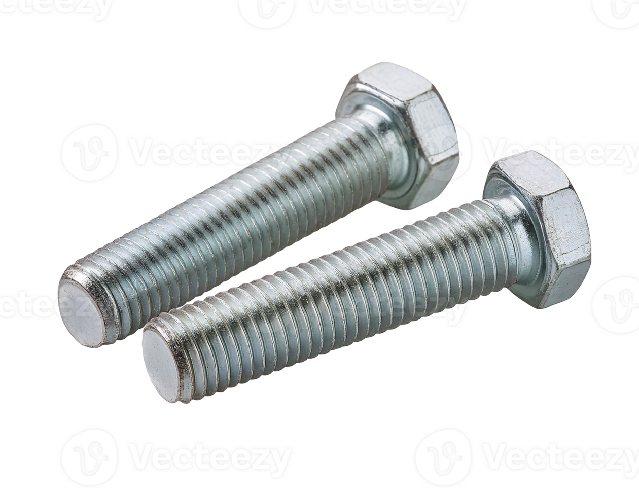 pair of shiny metal bolts with hexagonal heads arranged side by side on isolated background png