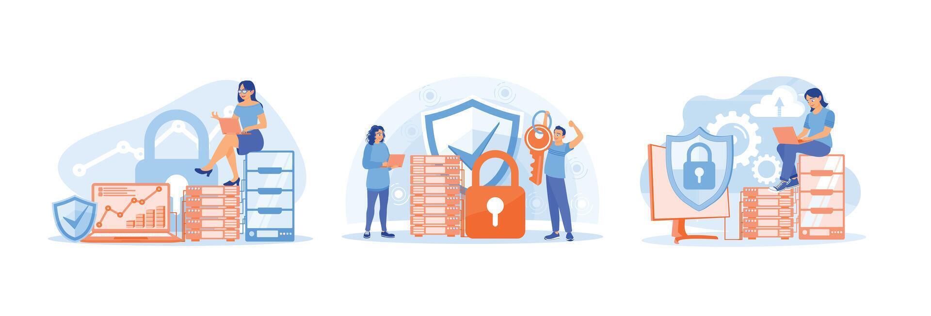 People store data in databases and protect data from hackers. vector