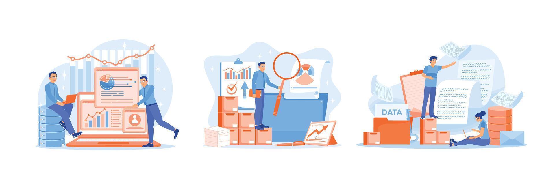 Entrepreneurs process data, analyze, protect and store digital privacy data in databases. vector
