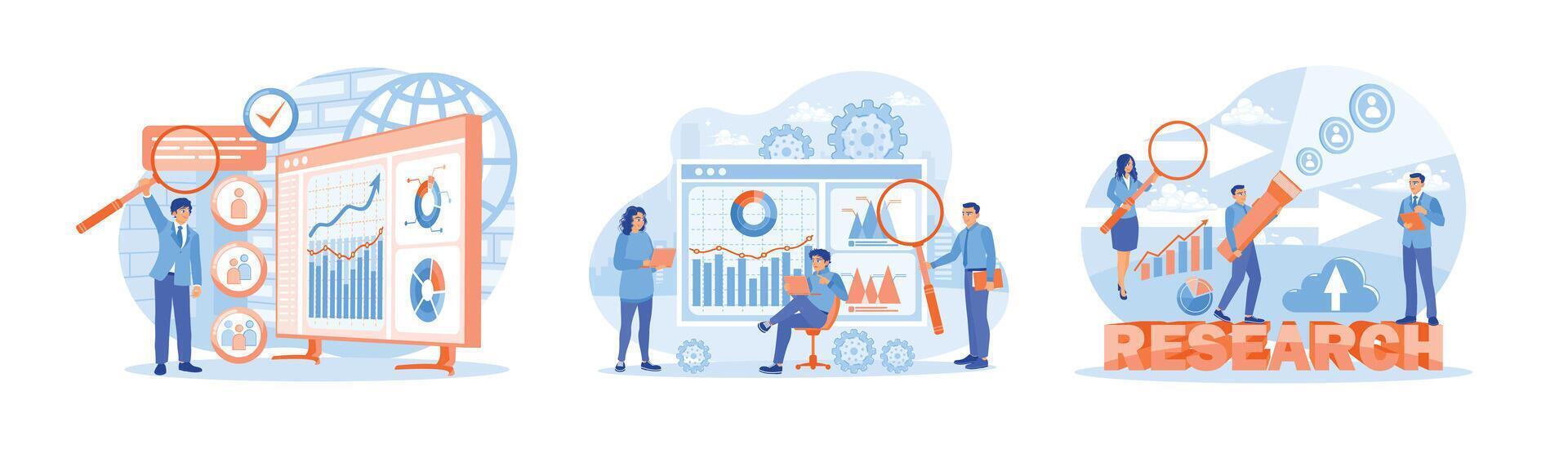 The business team conducts market research and develops business ideas to increase targets. vector