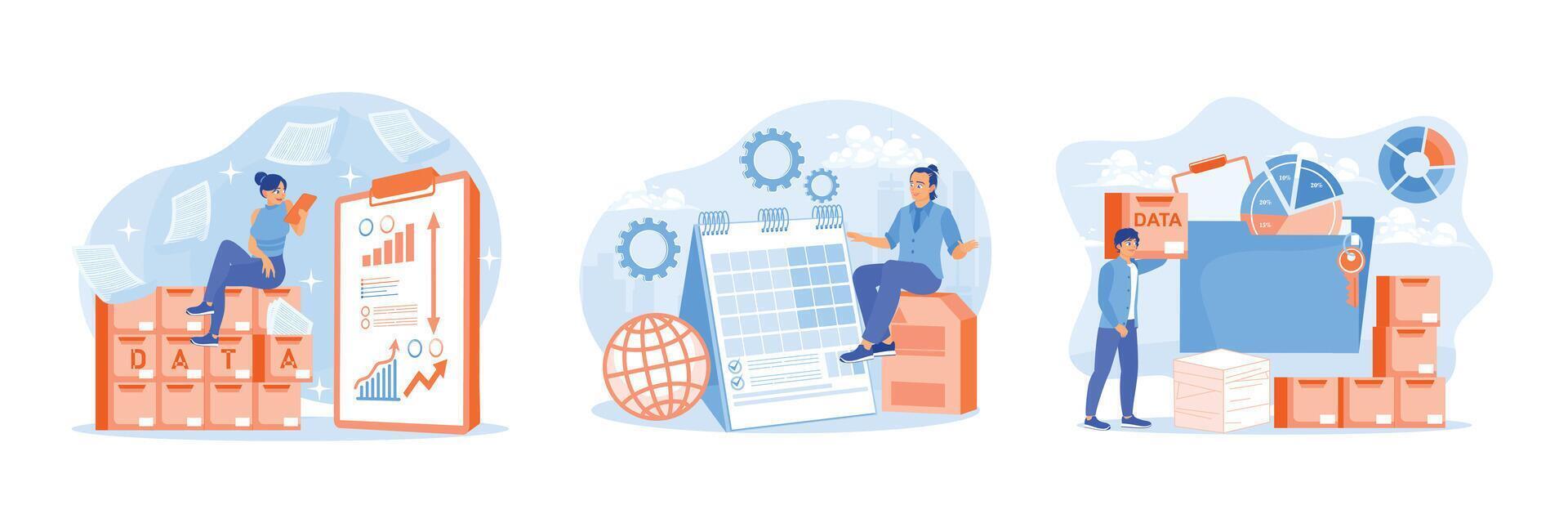People process, protect and store digital privacy data on servers. vector