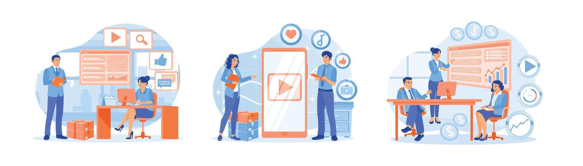 Business team analyzes data and places ads on social networks to improve marketing. vector