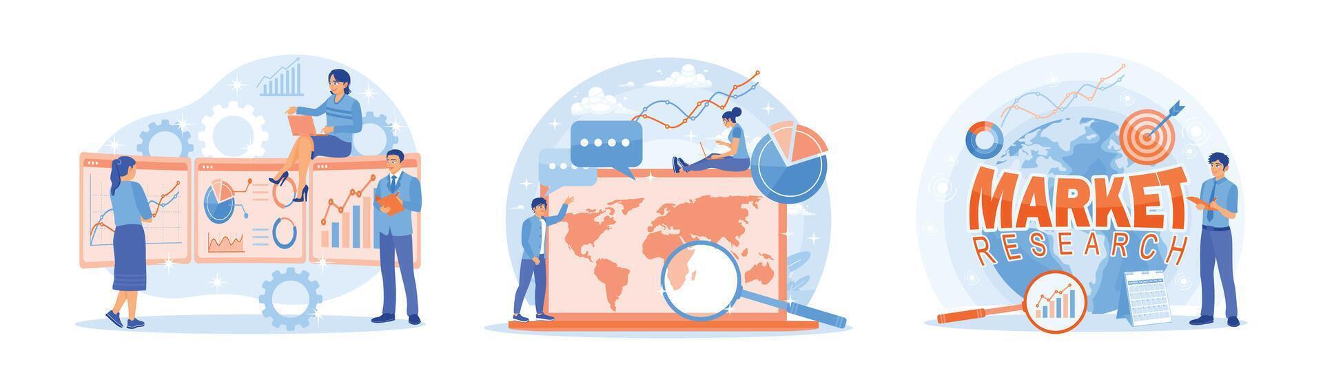 The marketing team analyzes data, conducts market research, develops ideas to achieve targets. vector