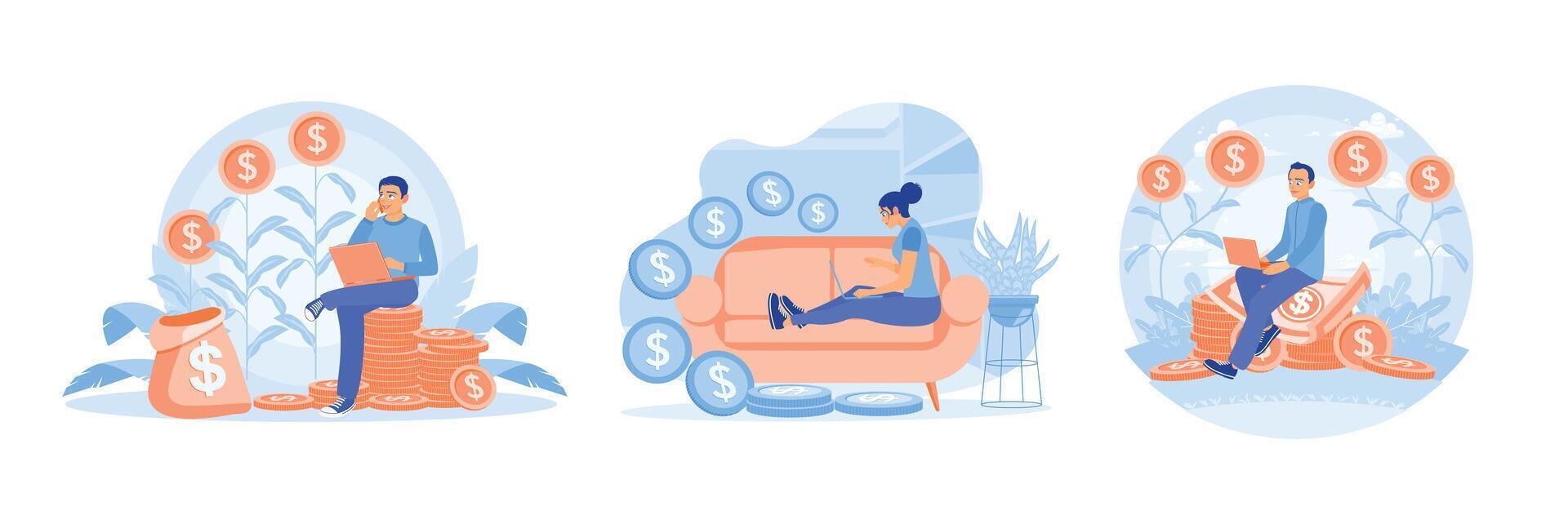 Woman working online from home and making money online. vector