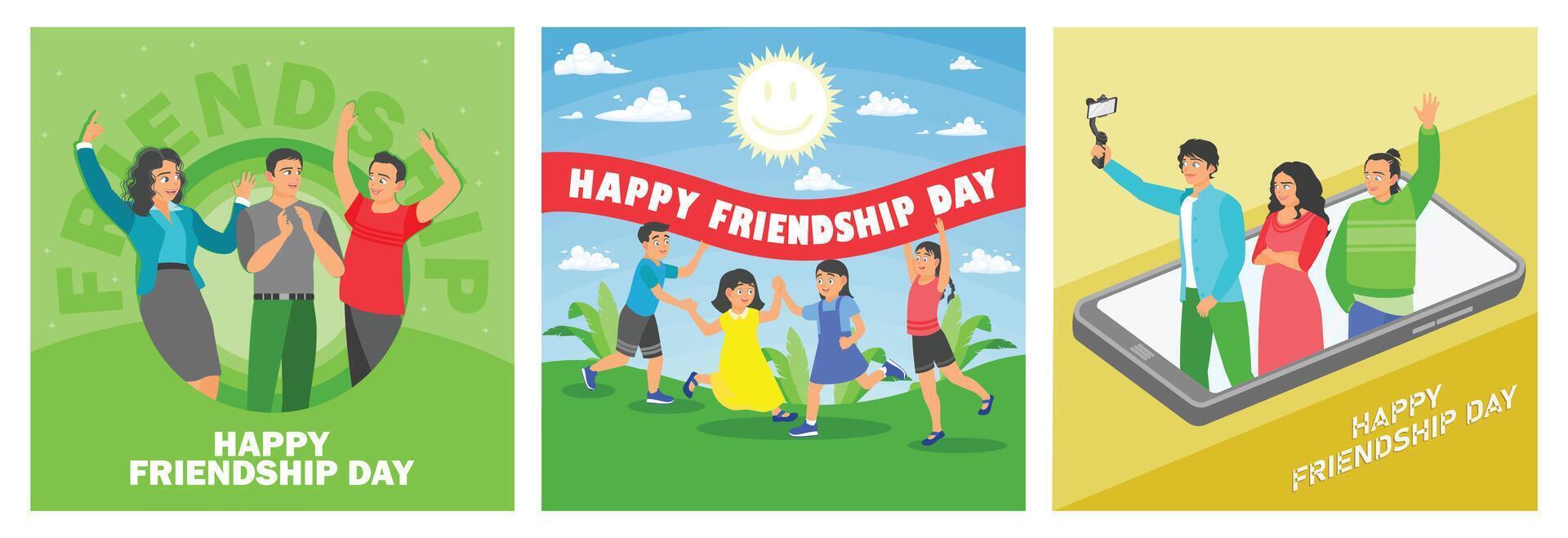Group of friends celebrating Friendship Day and taking selfie using mobile phone. vector