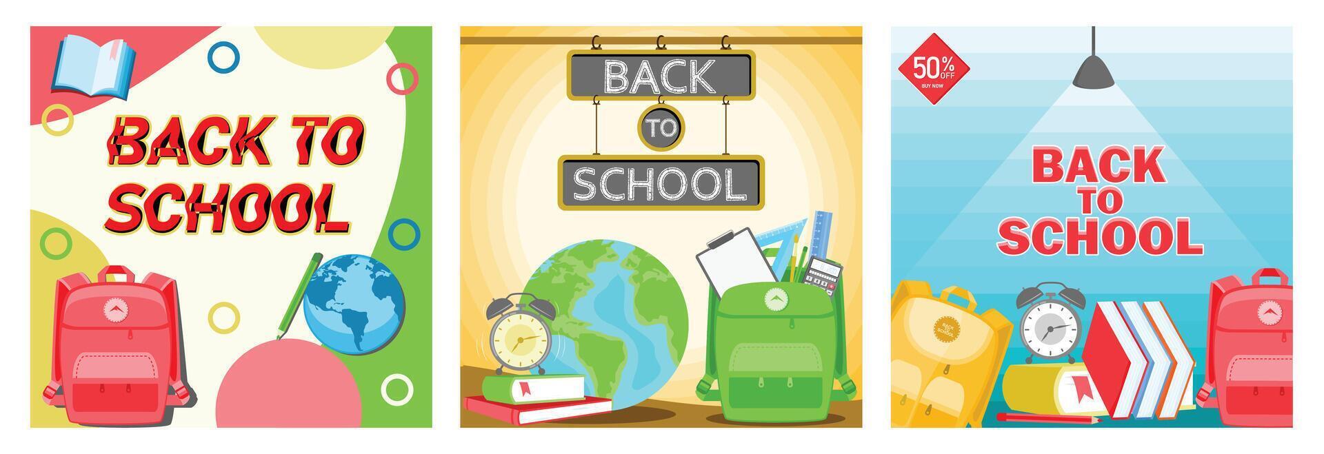 Back to school with backpack, books, pencils and alarm clock. vector