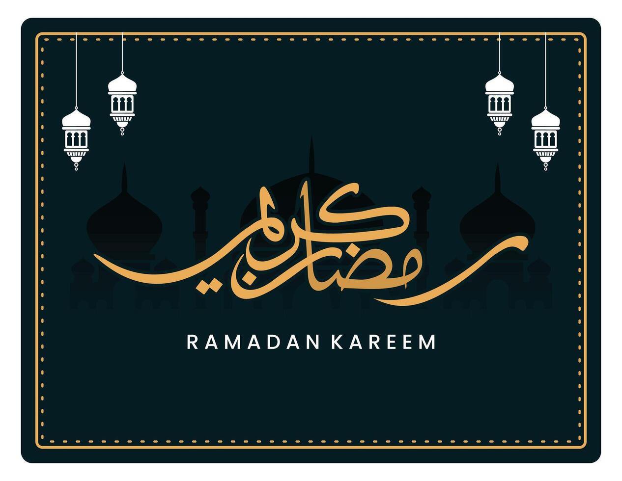 Elegant Ramadan Kareem greeting card with Arabic calligraphy and hanging lanterns. vector