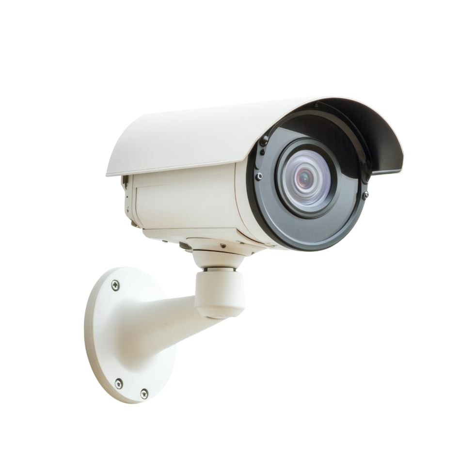 Surveillance camera mounted on wall, designed for security monitoring. This device features sleek white design and protective cover, ideal for outdoor use png