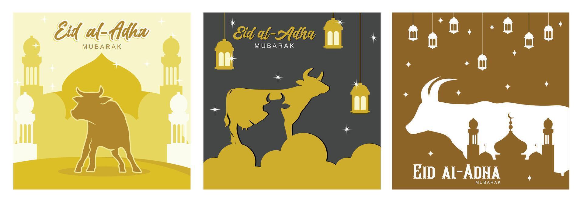 Eid al-Adha celebration with sacrificial animals and lanterns. vector