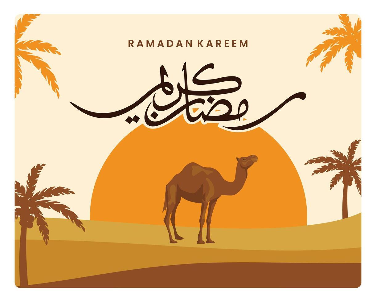Ramadan Kareem Arabic calligraphy with camel and palm tree silhouettes. vector