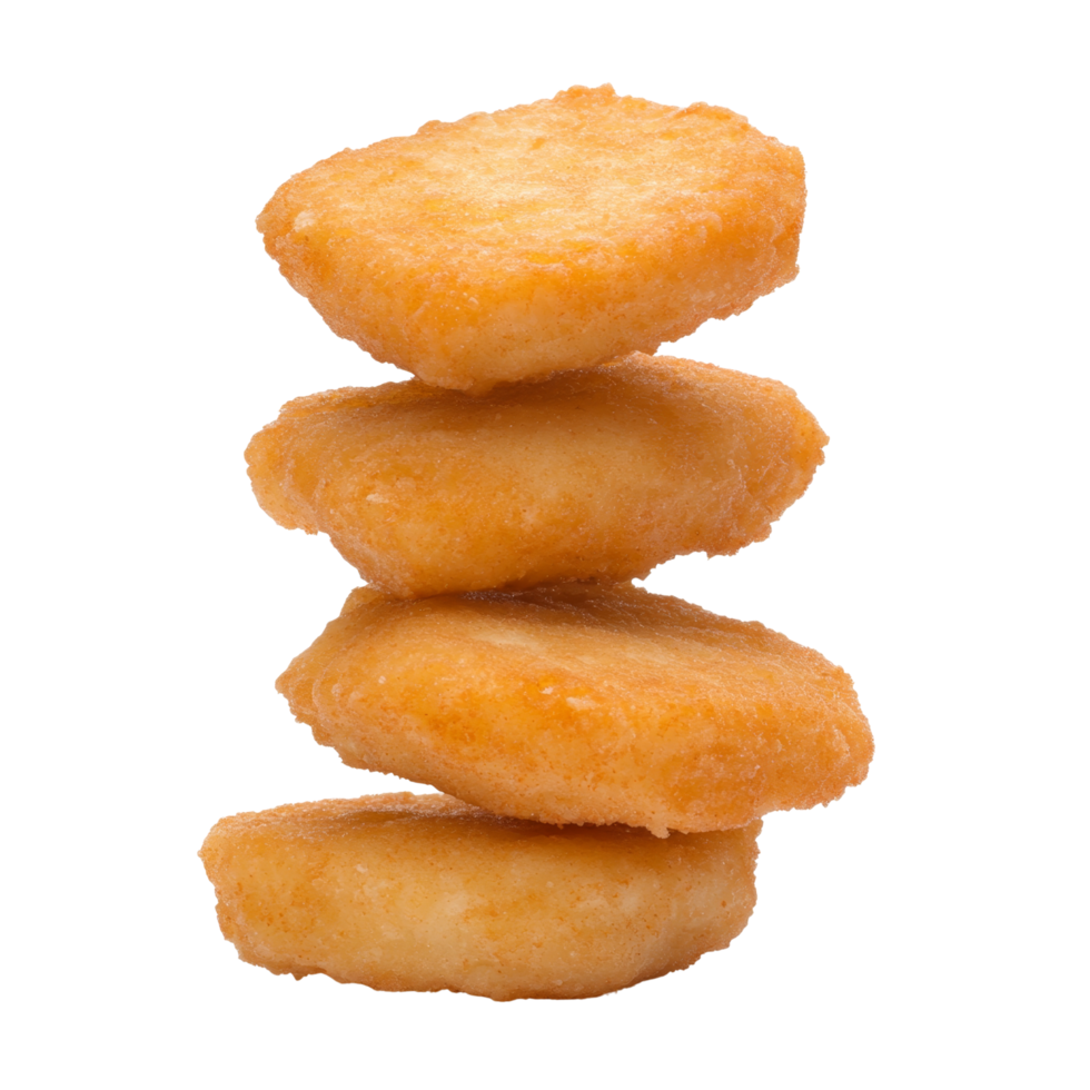 Crispy golden chicken nuggets stacked in neat pile, showcasing their appetizing texture and color. Perfect for quick snack or meal png