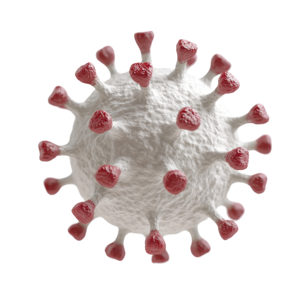 detailed 3D rendering of virus structure, showcasing its surface spikes and spherical shape, illustrating complexity of viral biology png