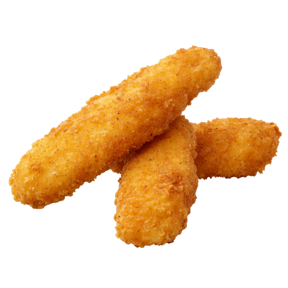 Crispy golden chicken tenders stacked on transparency background, perfect for delicious meal or snack. Enjoy crunchy texture and savory flavor of these tasty treats png