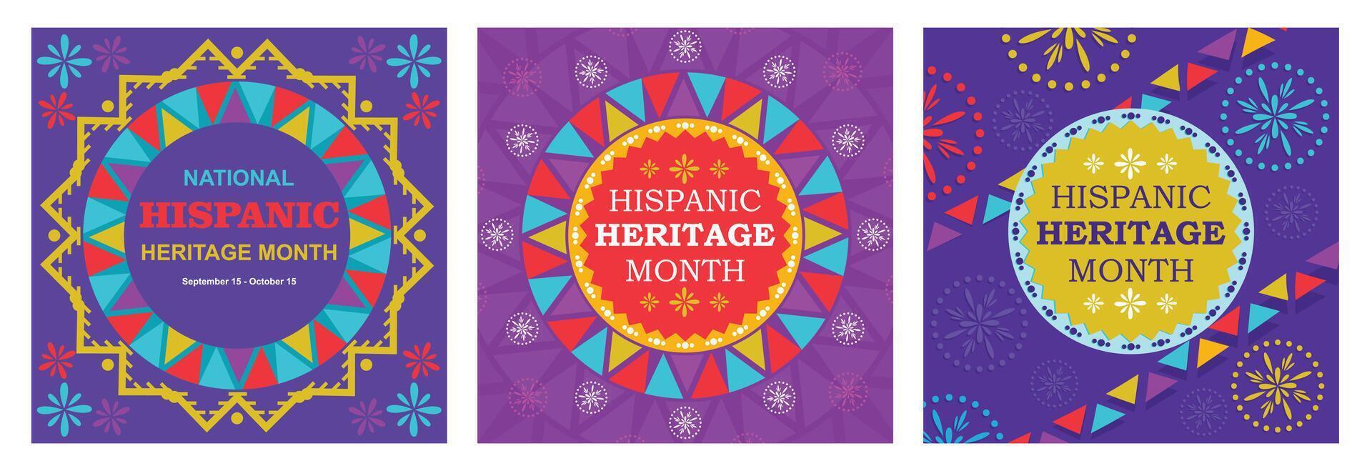 Hispanic Heritage Month greeting card with colorful triangular flag motif. vector
