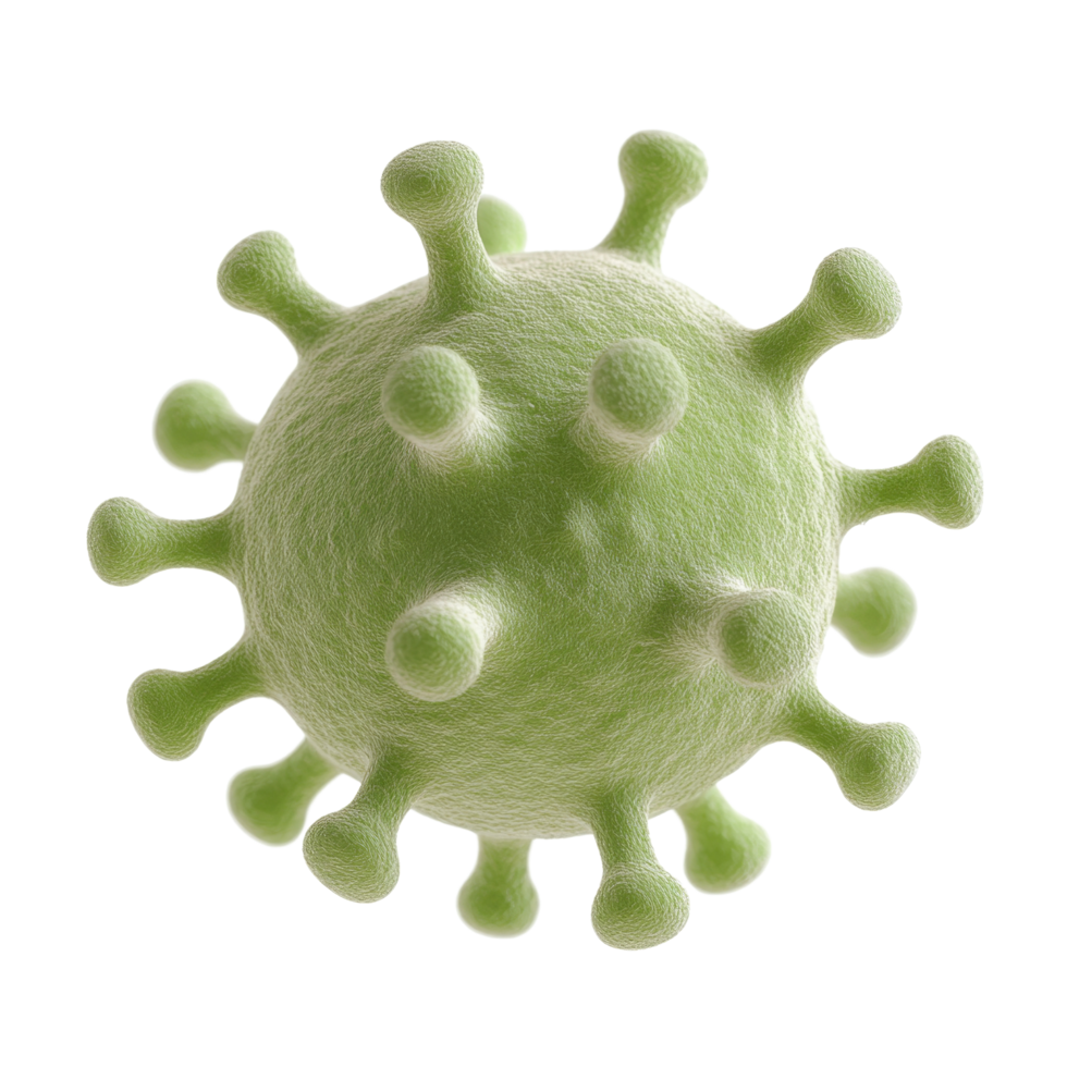 detailed illustration of green virus with protruding spikes, representing microscopic life. This highlights structure and complexity of viral forms png