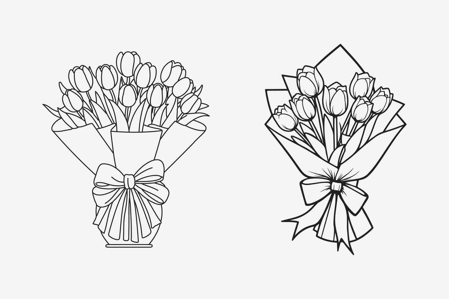 Hand Drawn Sketch of Tulip Flower Bouquet Black and White Line Art Botanical Illustration vector