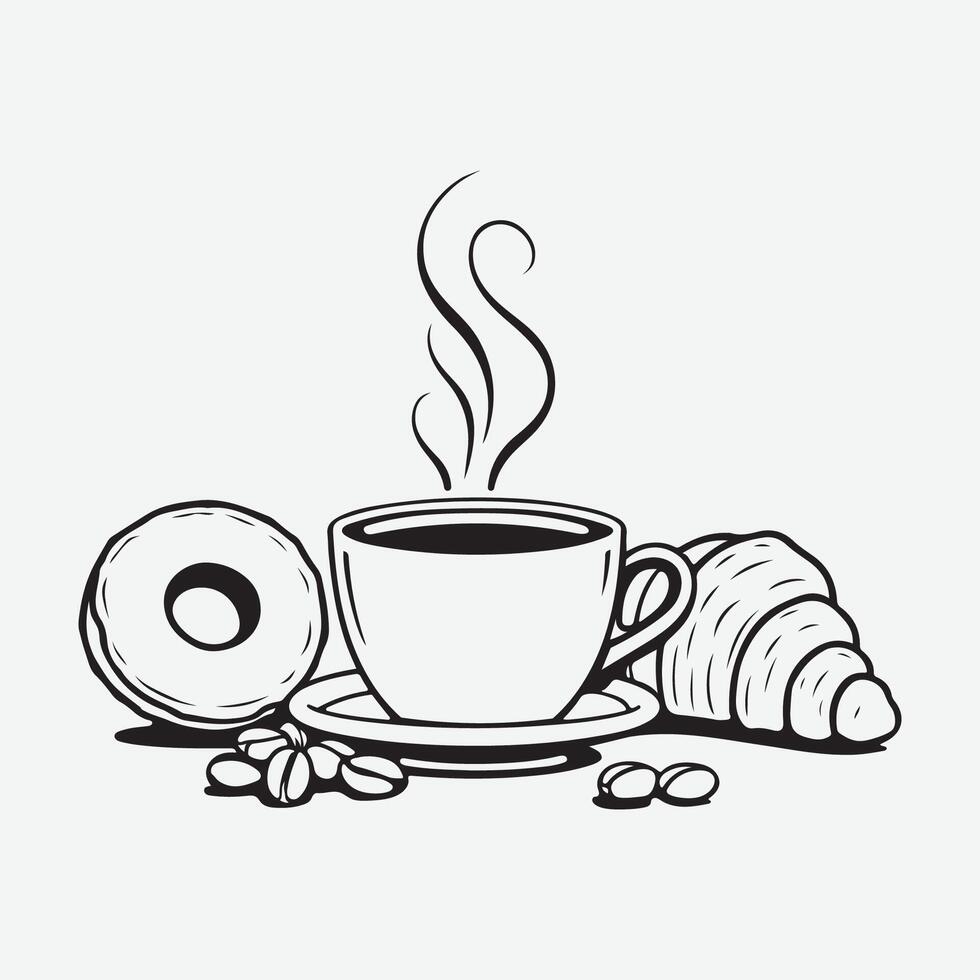 Coffee Cup with Roasted Beans and a Delicious Croissant for Breakfast Design vector