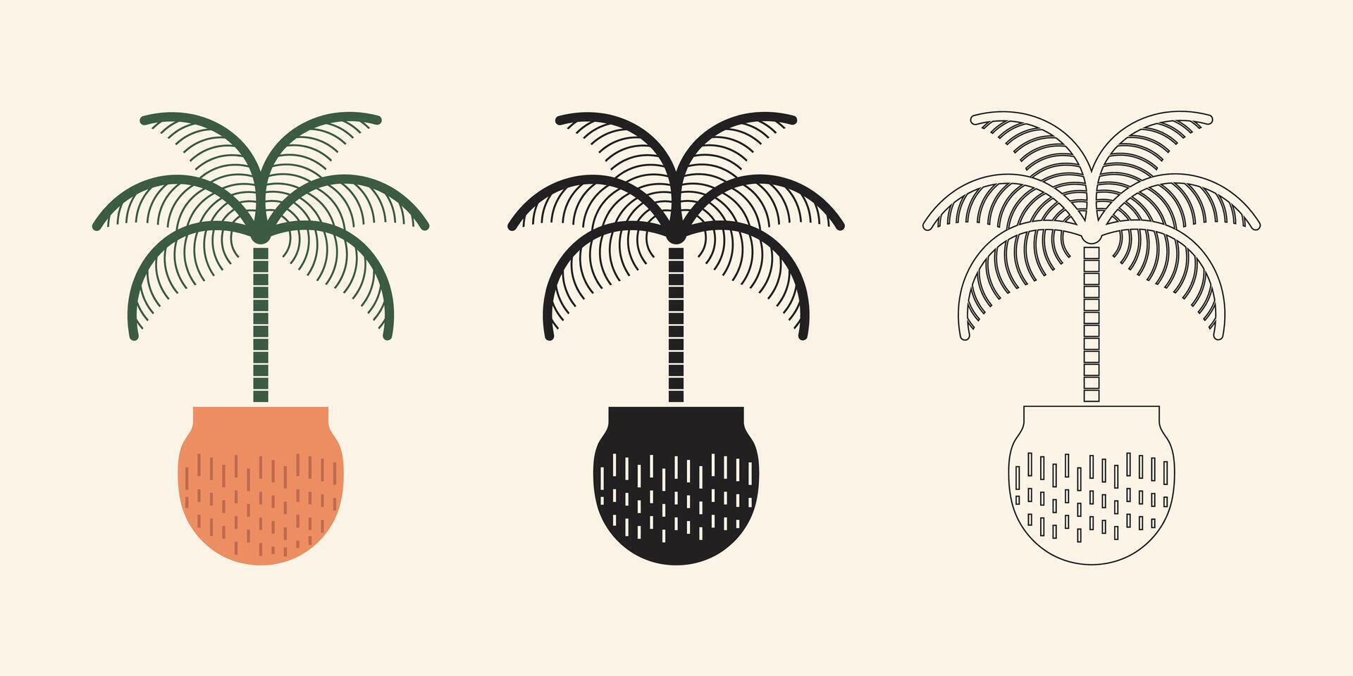 Palm tree illustration, silhouette palm tree and hand drawn palm tree in pot design vector