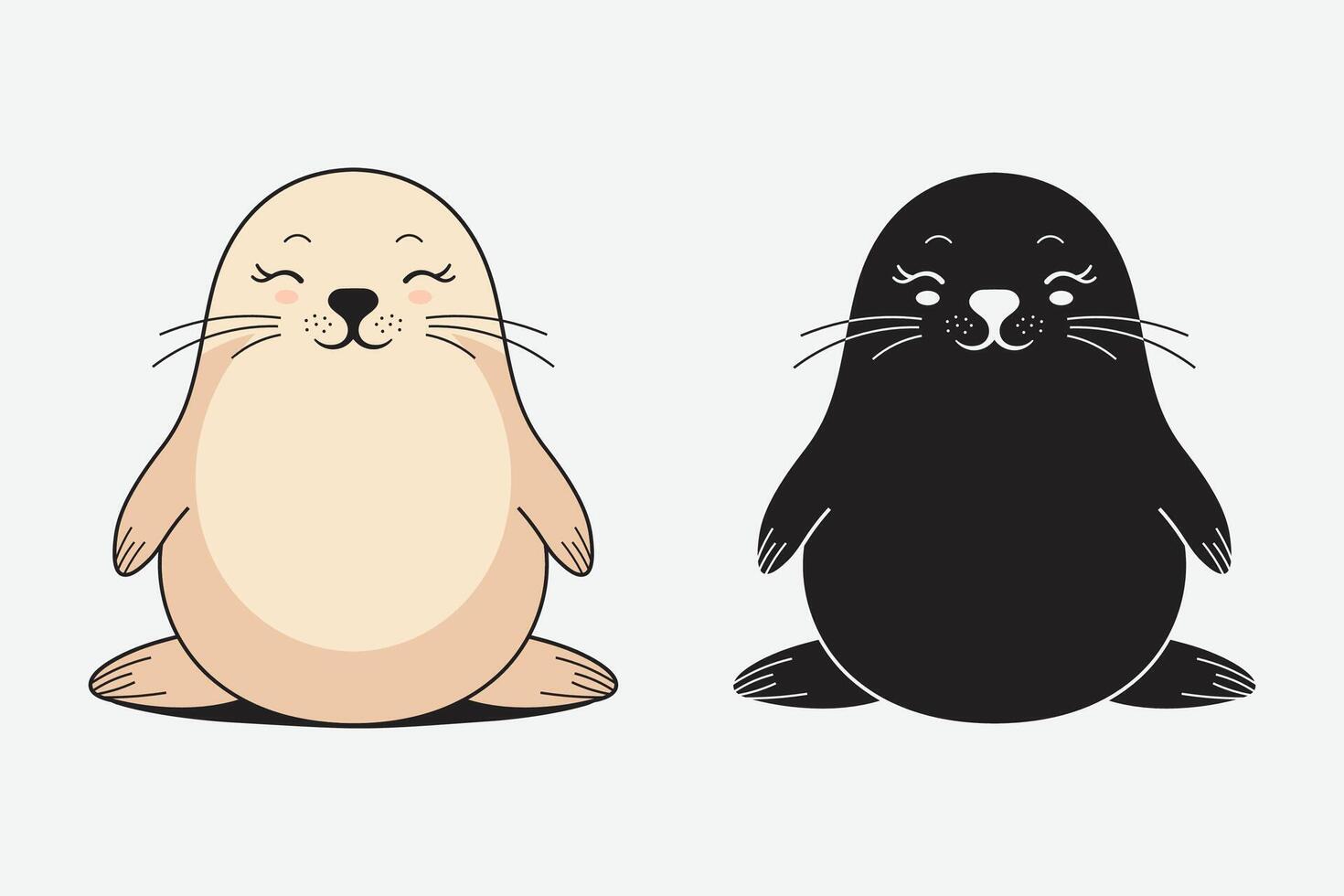 Seal animal illustration, silhouette seal and cute seal animal mascot character design vector