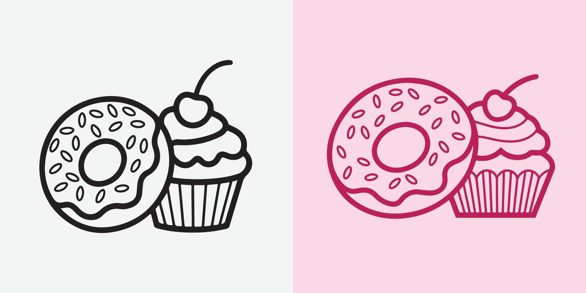 Silhouette Cupcake and Donut Line Art Classic Dessert Illustration vector