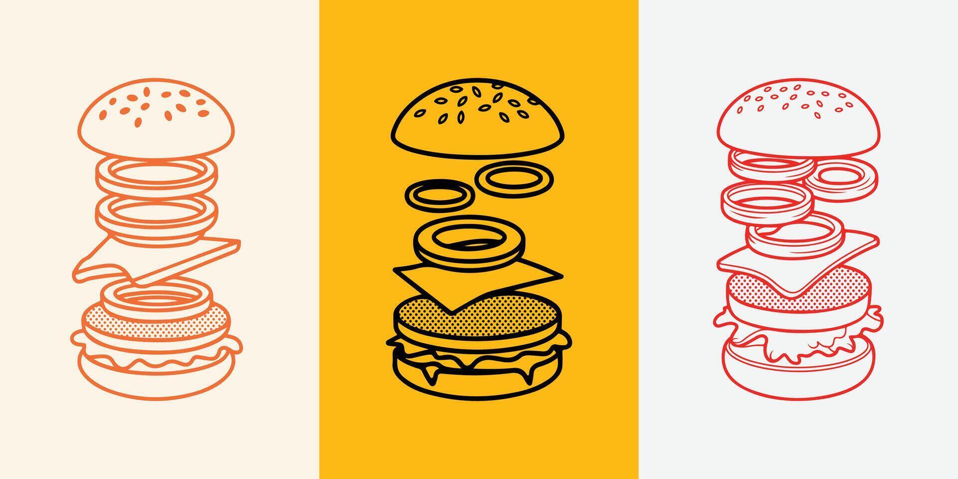 Classic Burger Ingredients Layered Set Sesame Bun, Beef Patty, Cheese, Lettuce, Ketchup, Onion Rings. Fast Food Concept Illustration vector