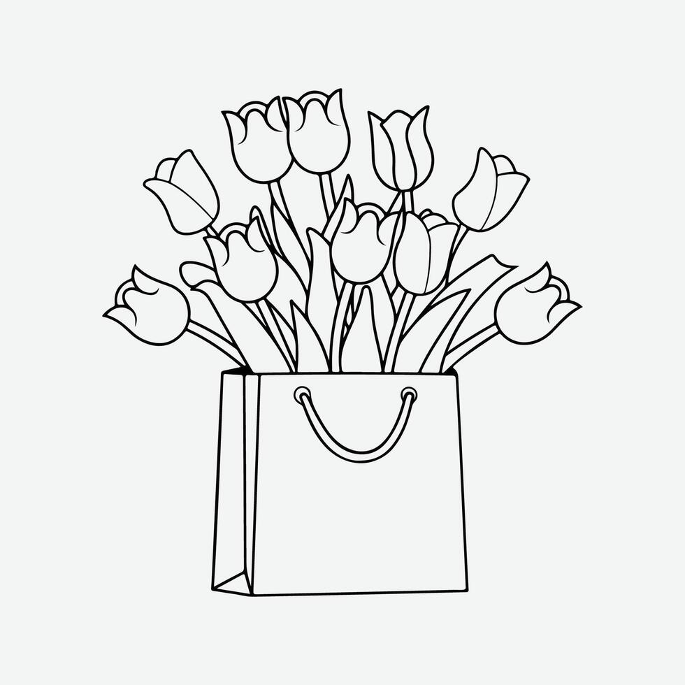 Hand Drawn Sketch of Tulip Flower Shopping Bag Black and White Line Art Botanical Illustration vector