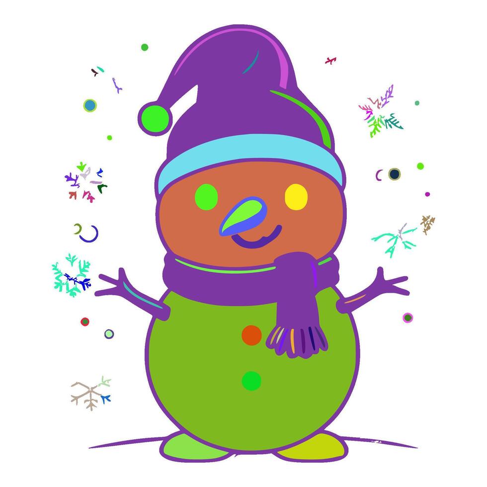 A cartoon snowman is wearing a purple hat and a blue scarf. He has a big smile on his face. His arms are outstretched and he is standing on his knees. There are snowflakes falling around him. vector