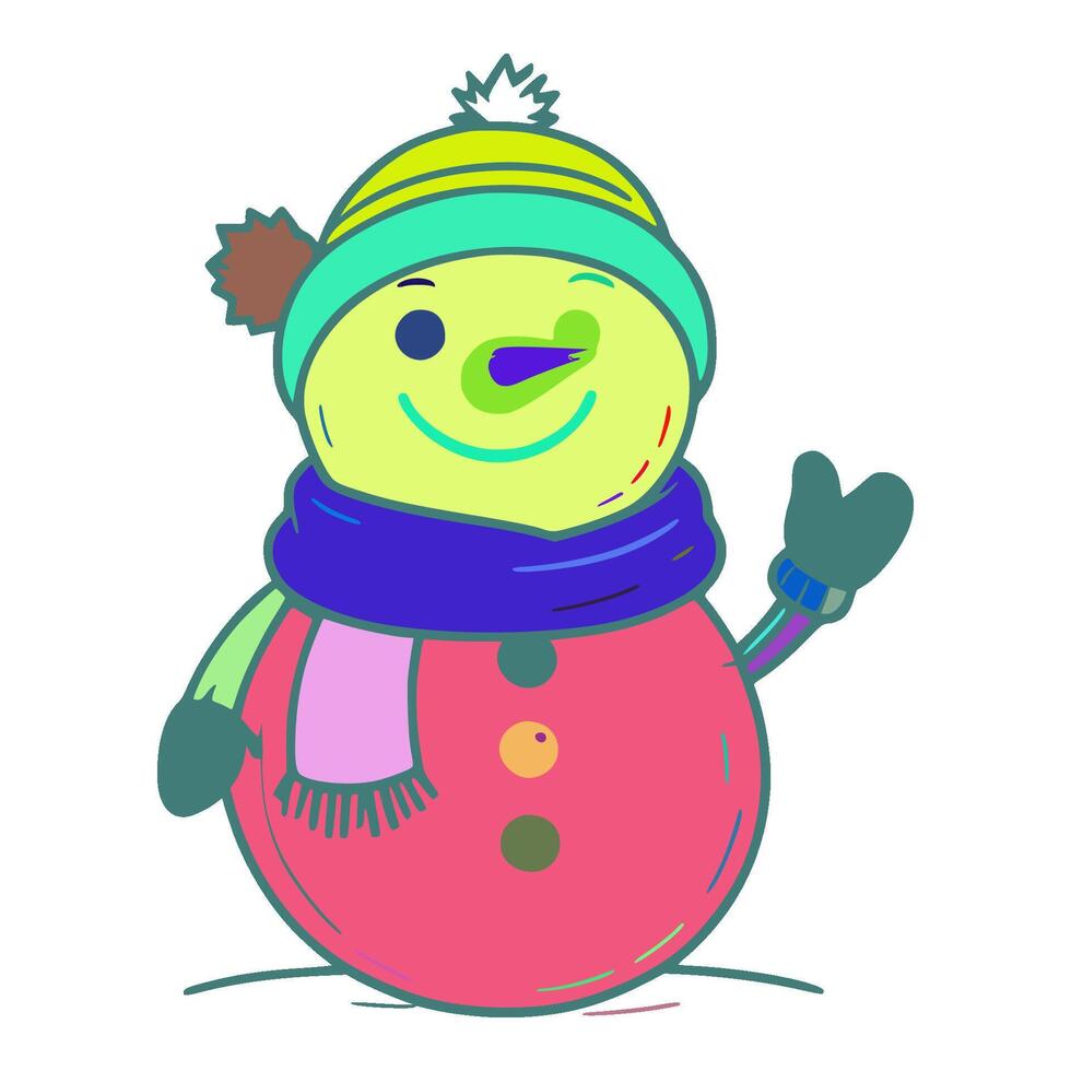 The snowman is wearing a green hat with yellow stripes on it. He has a blue scarf around his neck. He also has two black gloves on his hands. He is smiling. vector