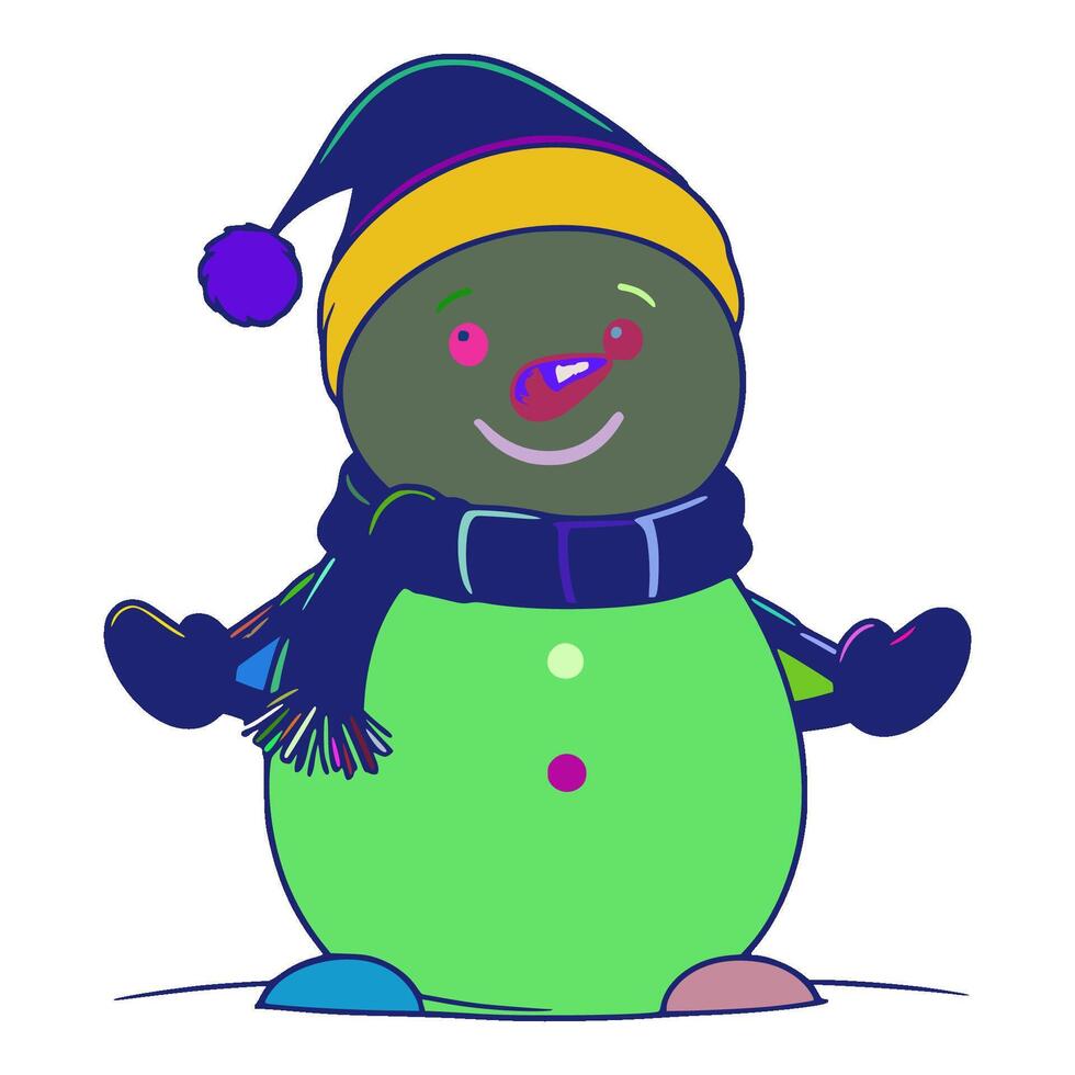 An snowman is green. The green snowman has a blue scarf around his neck. The scarf is black. The hat on the snowman's head is blue and yellow. The eyes are pink. The nose of the snow man is red. vector